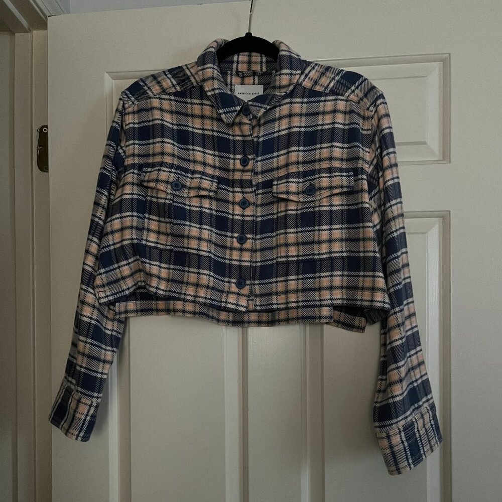 American Eagle croped pink plaid jacket M